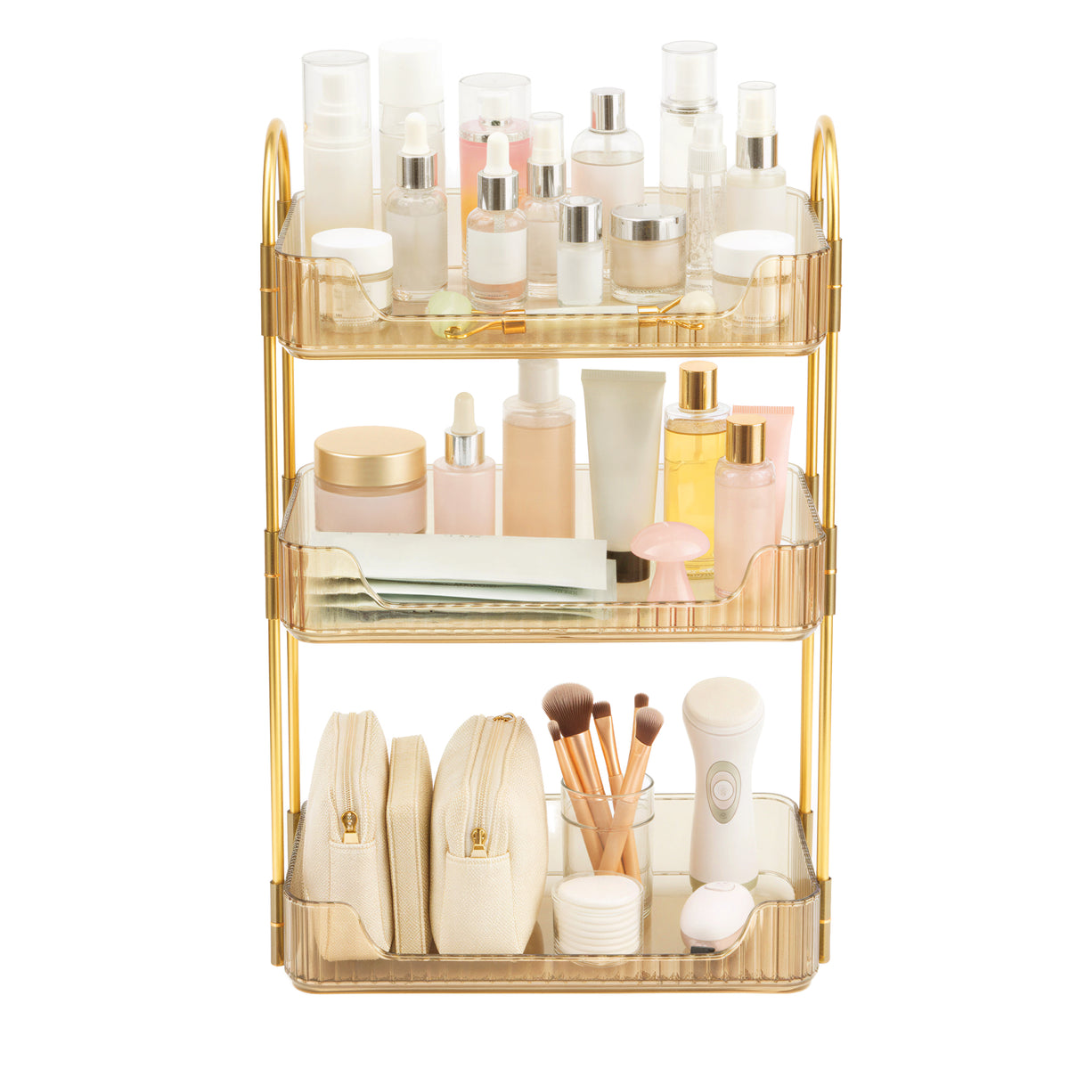 LEDREM Makeup Organizer, 3-Tier 360° Rotating Skincare Organizer Countertop for Vanity, 12 x 6.6 x 18.9 inches, Gold