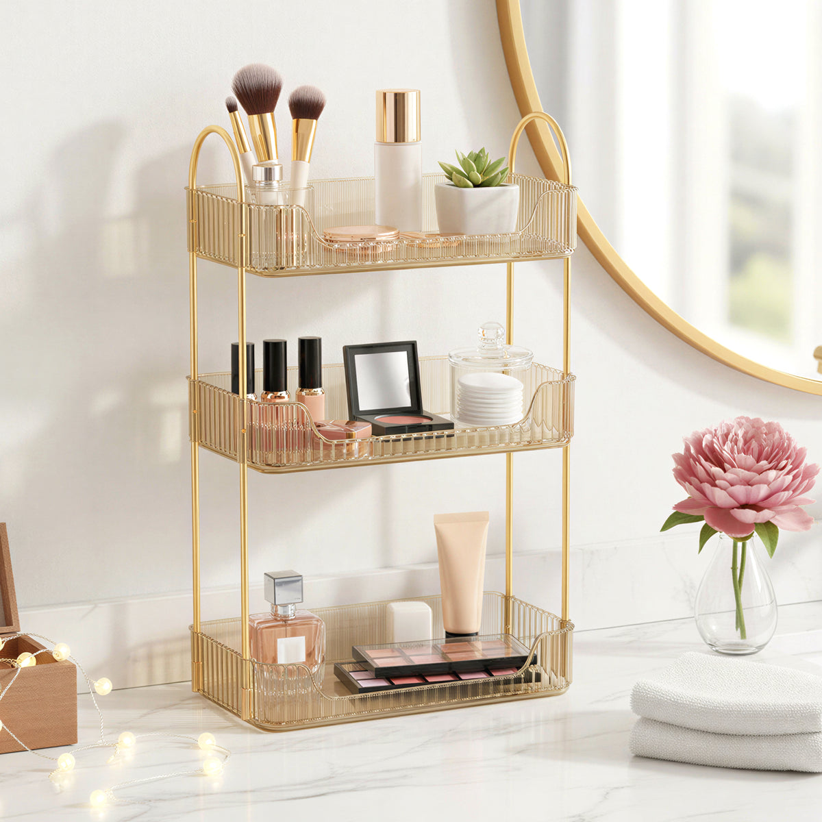 LEDREM Makeup Organizer, 3-Tier 360° Rotating Skincare Organizer Countertop for Vanity, 12 x 6.6 x 18.9 inches, Gold