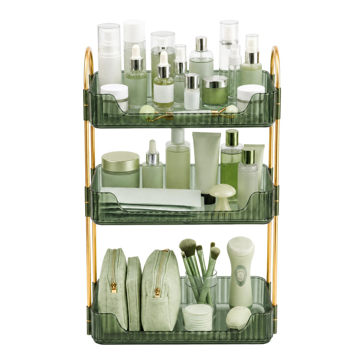 LEDREM Makeup Organizer, 3-Tier 360° Rotating Skincare Organizer Countertop for Vanity, 12 x 6.6 x 18.9 inches, Green and Gold