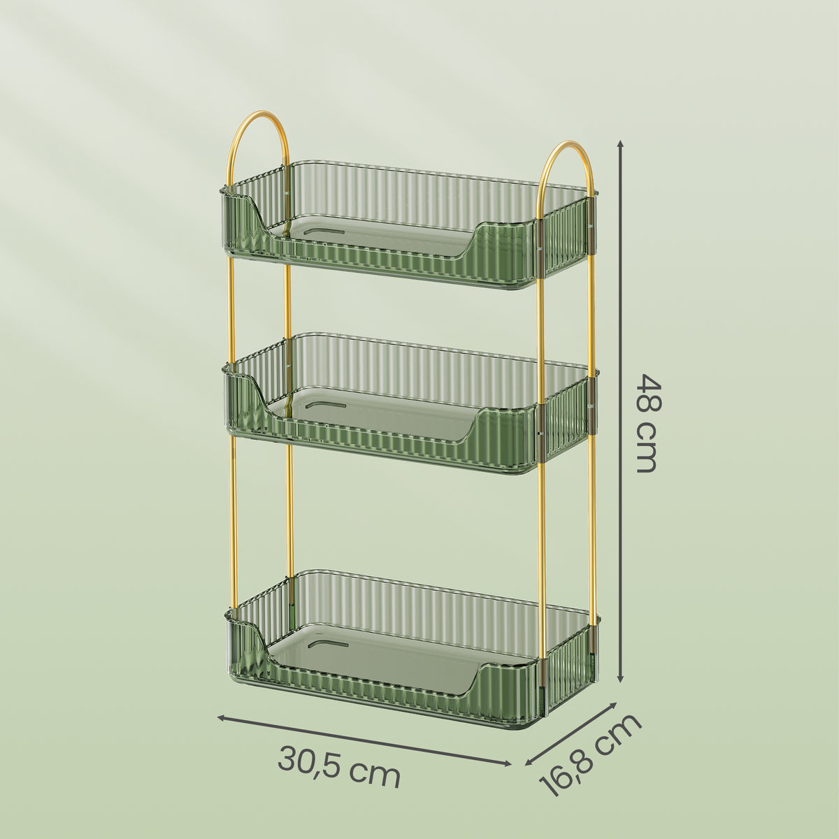 LEDREM Makeup Organizer, 3-Tier 360° Rotating Skincare Organizer Countertop for Vanity, 12 x 6.6 x 18.9 inches, Green and Gold