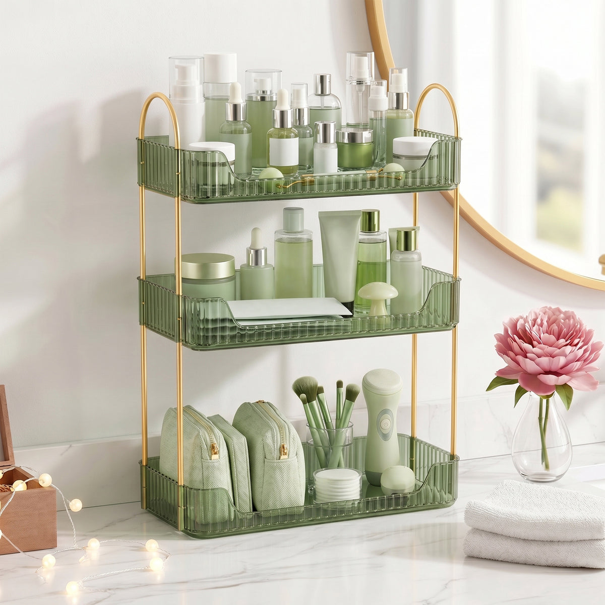 LEDREM Makeup Organizer, 3-Tier 360° Rotating Skincare Organizer Countertop for Vanity, 12 x 6.6 x 18.9 inches, Green and Gold
