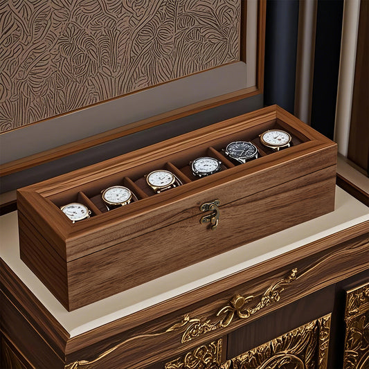 6-Slot Wooden Watch Box with Clear Glass Lid, Luxury Watch Storage Organizer with Soft Removable Pillows, Durable & Elegant, Brown