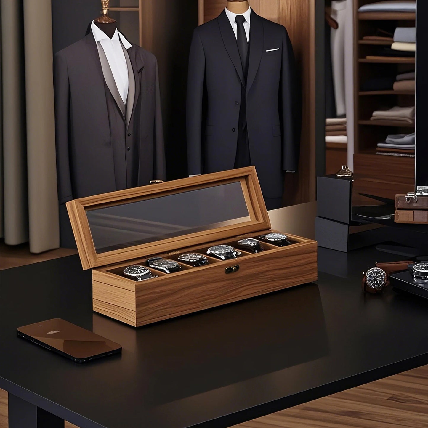 6-Slot Wooden Watch Box with Clear Glass Lid, Luxury Watch Storage Organizer with Soft Removable Pillows, Durable & Elegant, Brown