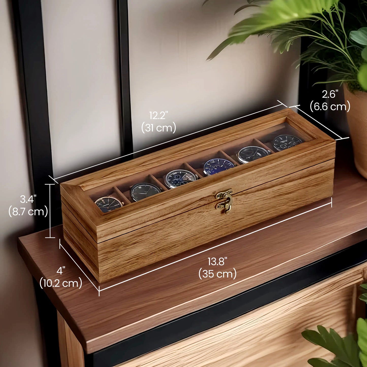 6-Slot Wooden Watch Box with Clear Glass Lid, Luxury Watch Storage Organizer with Soft Removable Pillows, Durable & Elegant, Brown