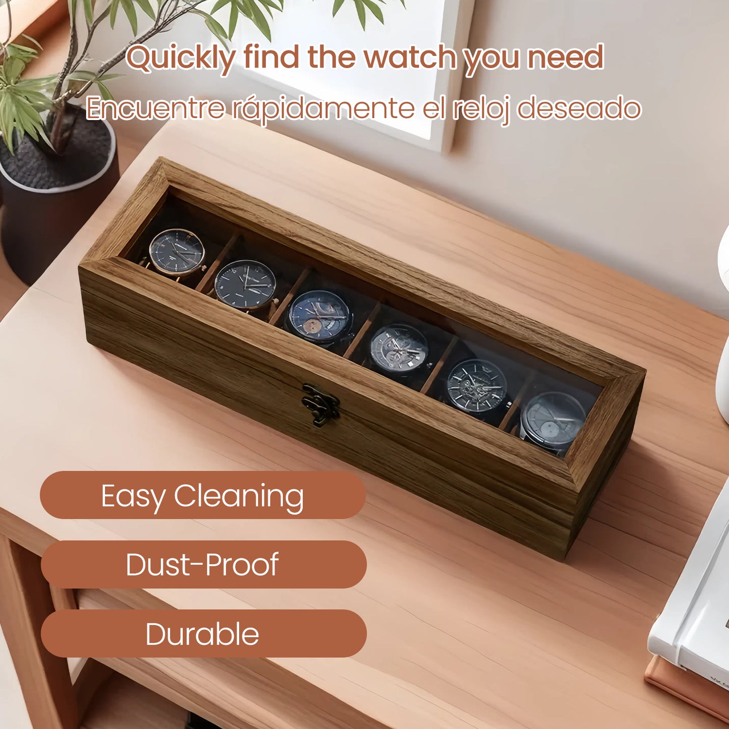 6-Slot Wooden Watch Box with Clear Glass Lid, Luxury Watch Storage Organizer with Soft Removable Pillows, Durable & Elegant, Brown