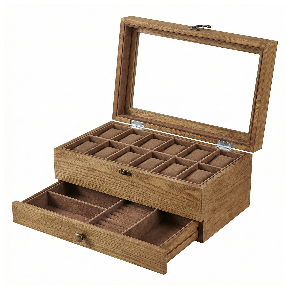 LEDREM 12-Slot Watch Box, Wooden Watch Storage Organiser with Jewellery Storage, Glass Lid, Velvet Lining, Gift Idea, Brown