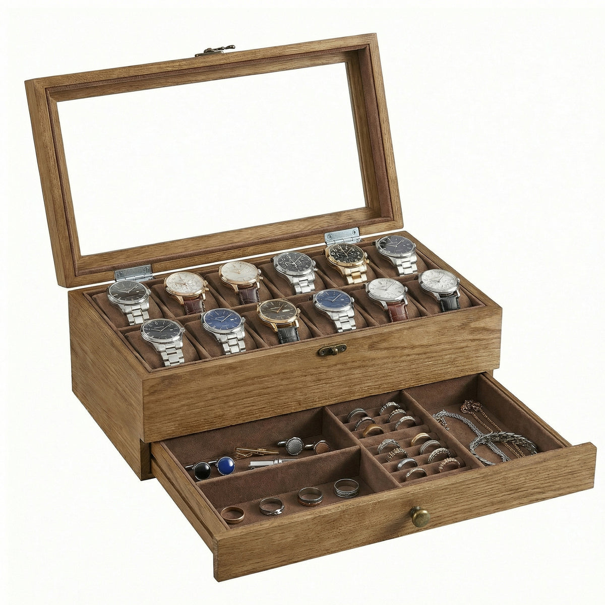 LEDREM 12-Slot Watch Box, Wooden Watch Storage Organiser with Jewellery Storage, Glass Lid, Velvet Lining, Gift Idea, Brown