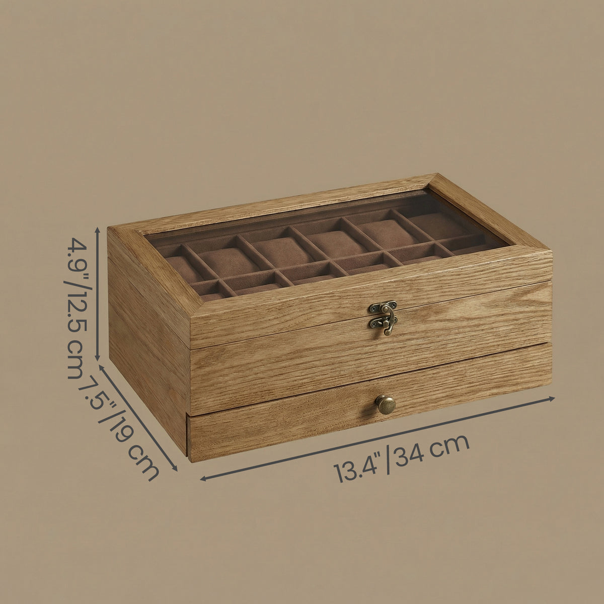 LEDREM 12-Slot Watch Box, Wooden Watch Storage Organiser with Jewellery Storage, Glass Lid, Velvet Lining, Gift Idea, Brown
