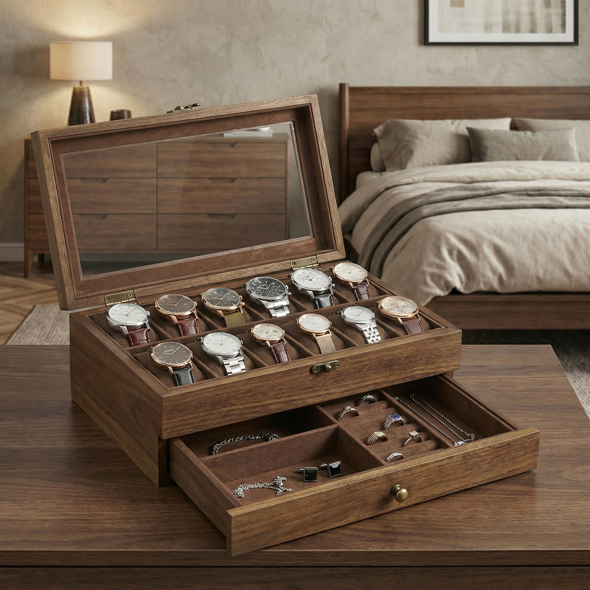 LEDREM 12-Slot Watch Box, Wooden Watch Storage Organiser with Jewellery Storage, Glass Lid, Velvet Lining, Gift Idea, Brown