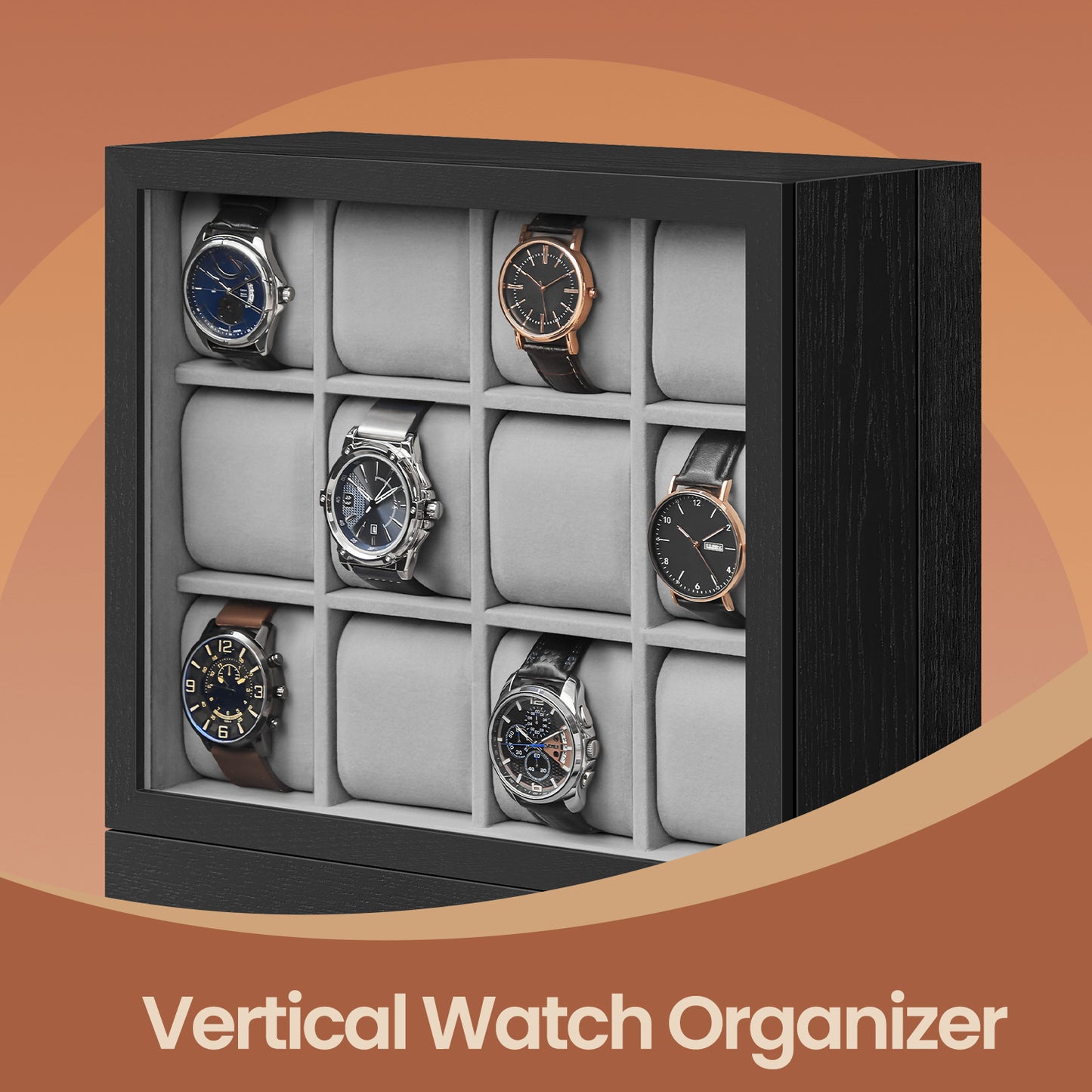 12-Slot Vertical Watch Box with Display Window, Wood Veneer Case with Hidden Drawers, Velvet Lining, Space-Saving, Ebony Black