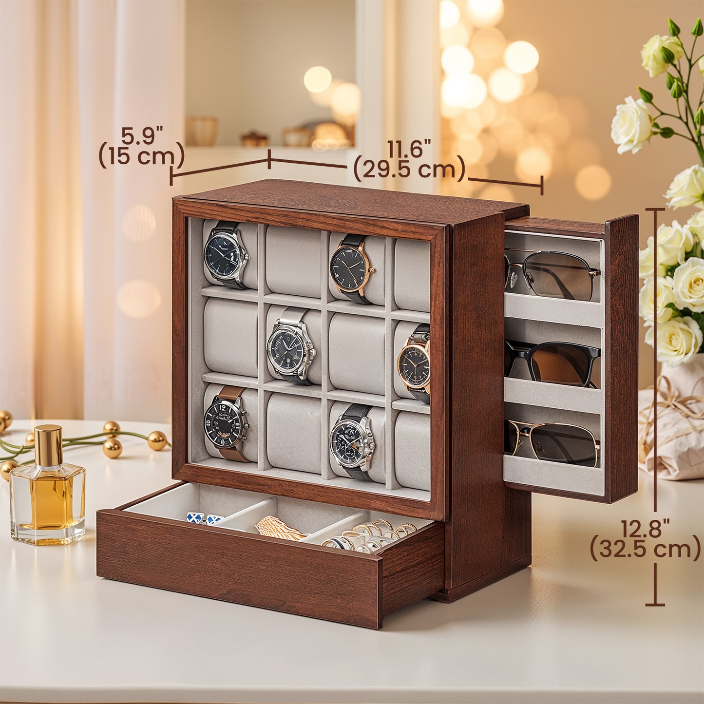 12-Slot Vertical Watch Display Case with Hidden Drawers, Wood Veneer & Velvet Lining, Space-Saving Organizer, Coffee Brown