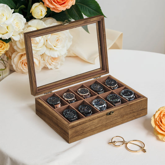 10-Slot Solid Wood Watch Box with Glass Lid, Velvet-Lined Display Case with Removable Pillows, Rustic Walnut