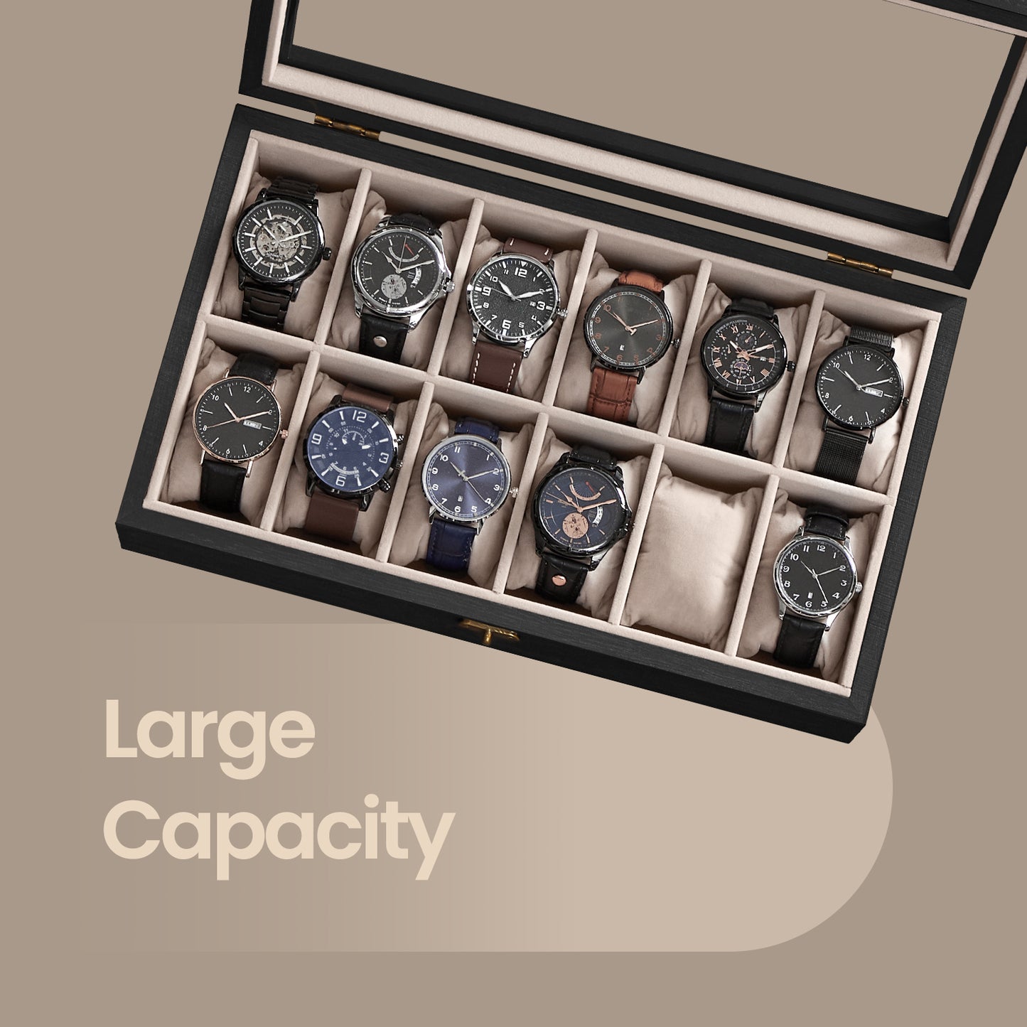 12-Slot Solid Wood Watch Box with Glass Lid, Velvet-Lined Display Case with Removable Pillows, Ebony Black