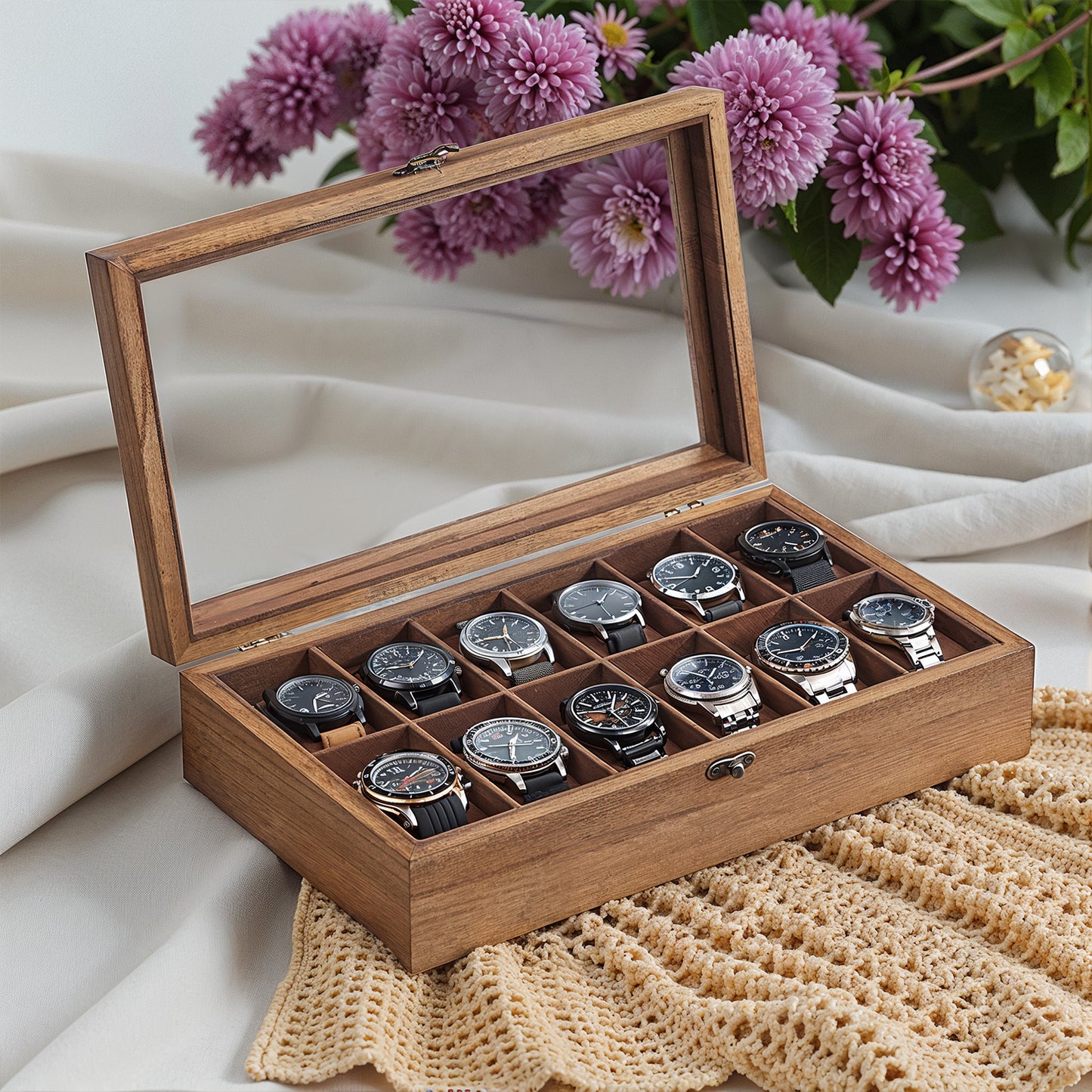 12-Slot Luxury Watch Box with Glass Top, Solid Wood Display Case with Velvet Pillows, Rustic Walnut