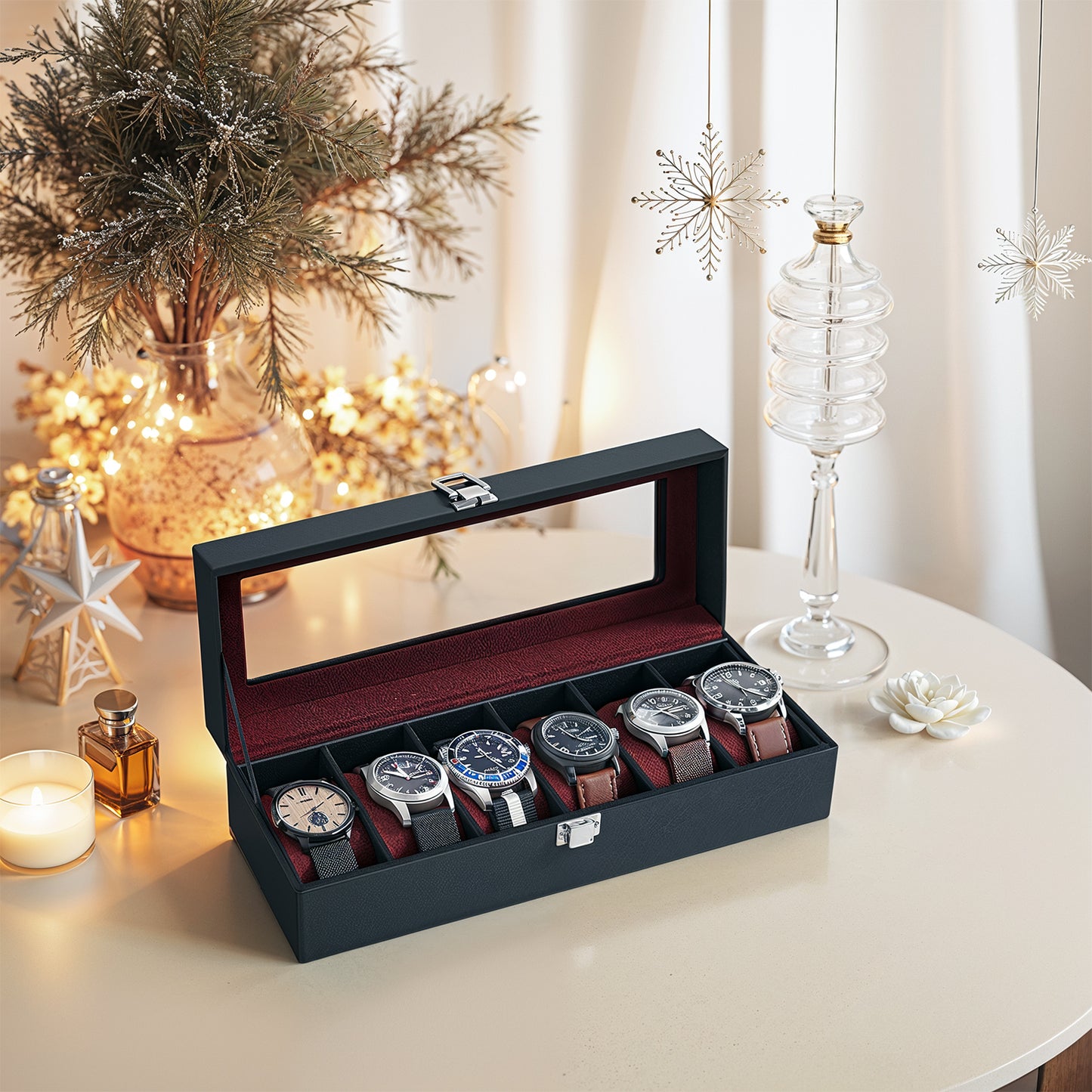 6-Slot Luxury Watch Box with Glass Lid, PU Leather Case with Removable Pillows & Velvet Lining, Watch Organizer, Black Synthetic Leather, Wine Red Lining