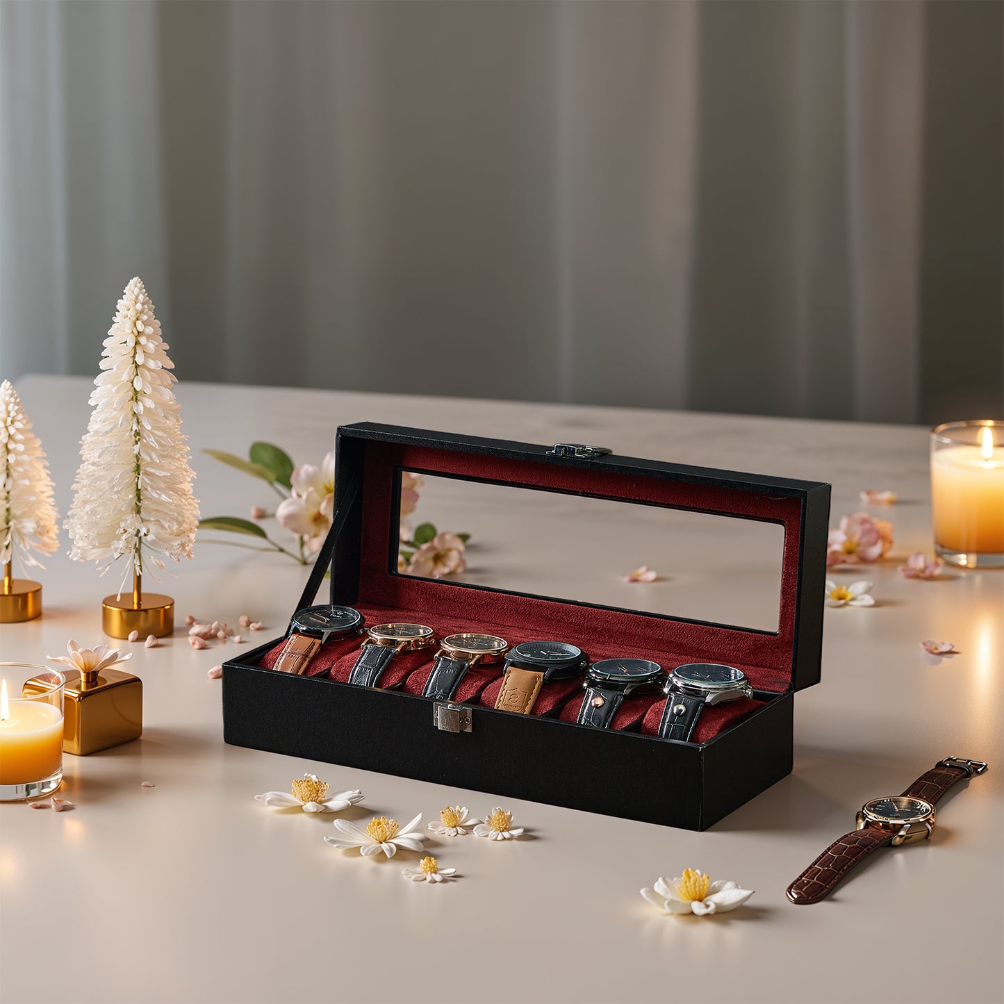 6-Slot Luxury Watch Box with Glass Lid, PU Leather Case with Removable Pillows & Velvet Lining, Watch Organizer, Black Synthetic Leather, Wine Red Lining