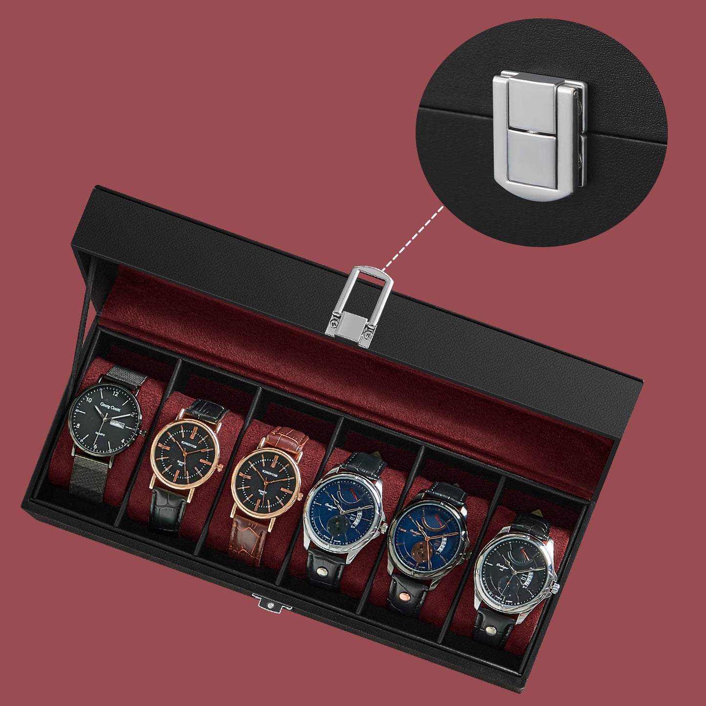6-Slot Luxury Watch Box with Glass Lid, PU Leather Case with Removable Pillows & Velvet Lining, Watch Organizer, Black Synthetic Leather, Wine Red Lining