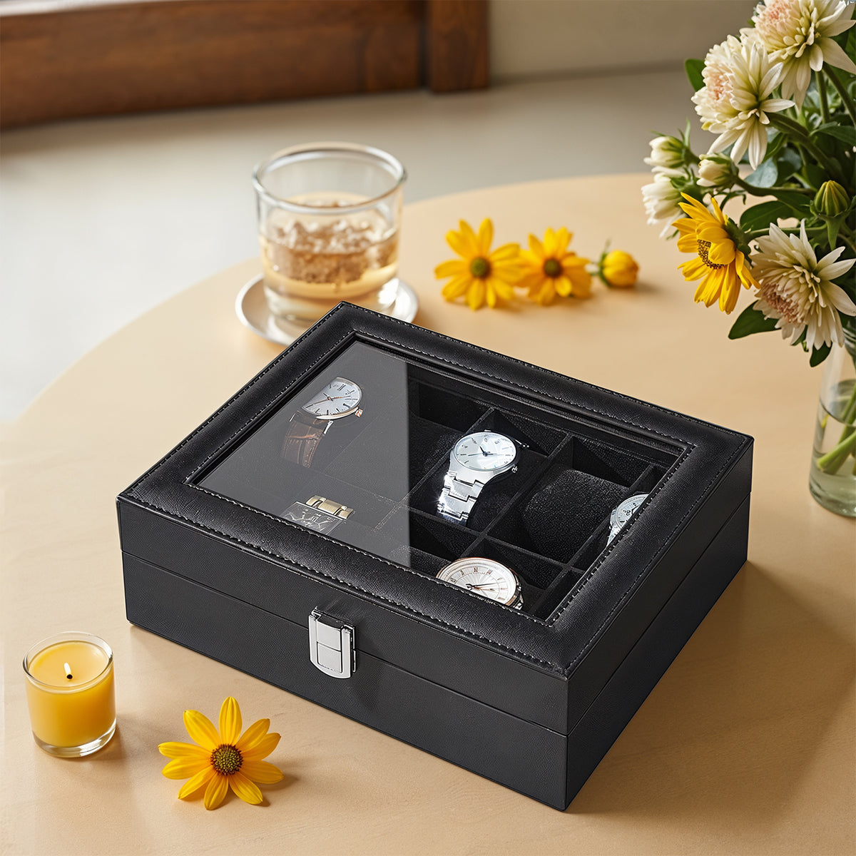 LEDREM Watch Box for Men, 10-Slot Watch Display Case with Glass Lid, Jewelry Organizer, 10 x 7.9 x 3 inches, Black