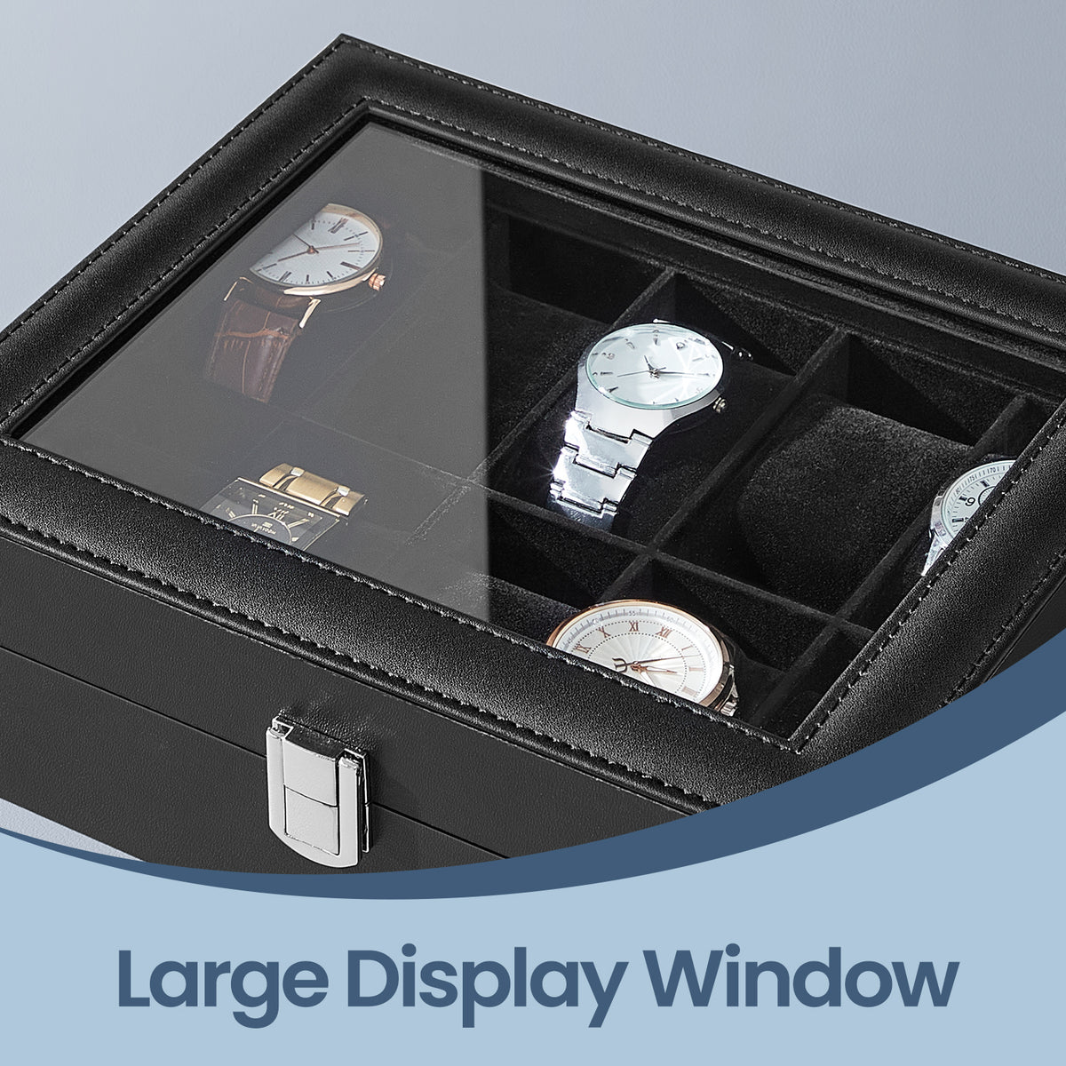 LEDREM Watch Box for Men, 10-Slot Watch Display Case with Glass Lid, Jewelry Organizer, 10 x 7.9 x 3 inches, Black