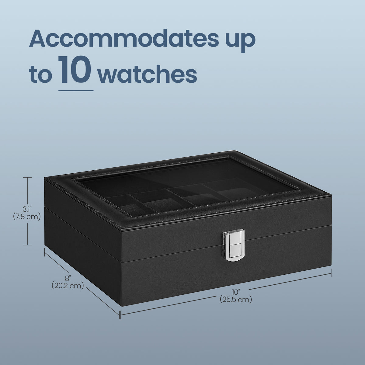 LEDREM Watch Box for Men, 10-Slot Watch Display Case with Glass Lid, Jewelry Organizer, 10 x 7.9 x 3 inches, Black
