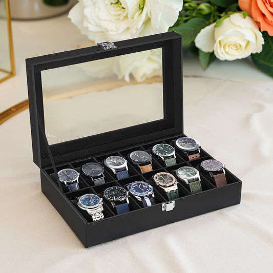 12-Slot Watch Box with Glass Lid, Watch Case Organizer with Removable Pillows & Soft Velvet Lining, Black Synthetic Leather