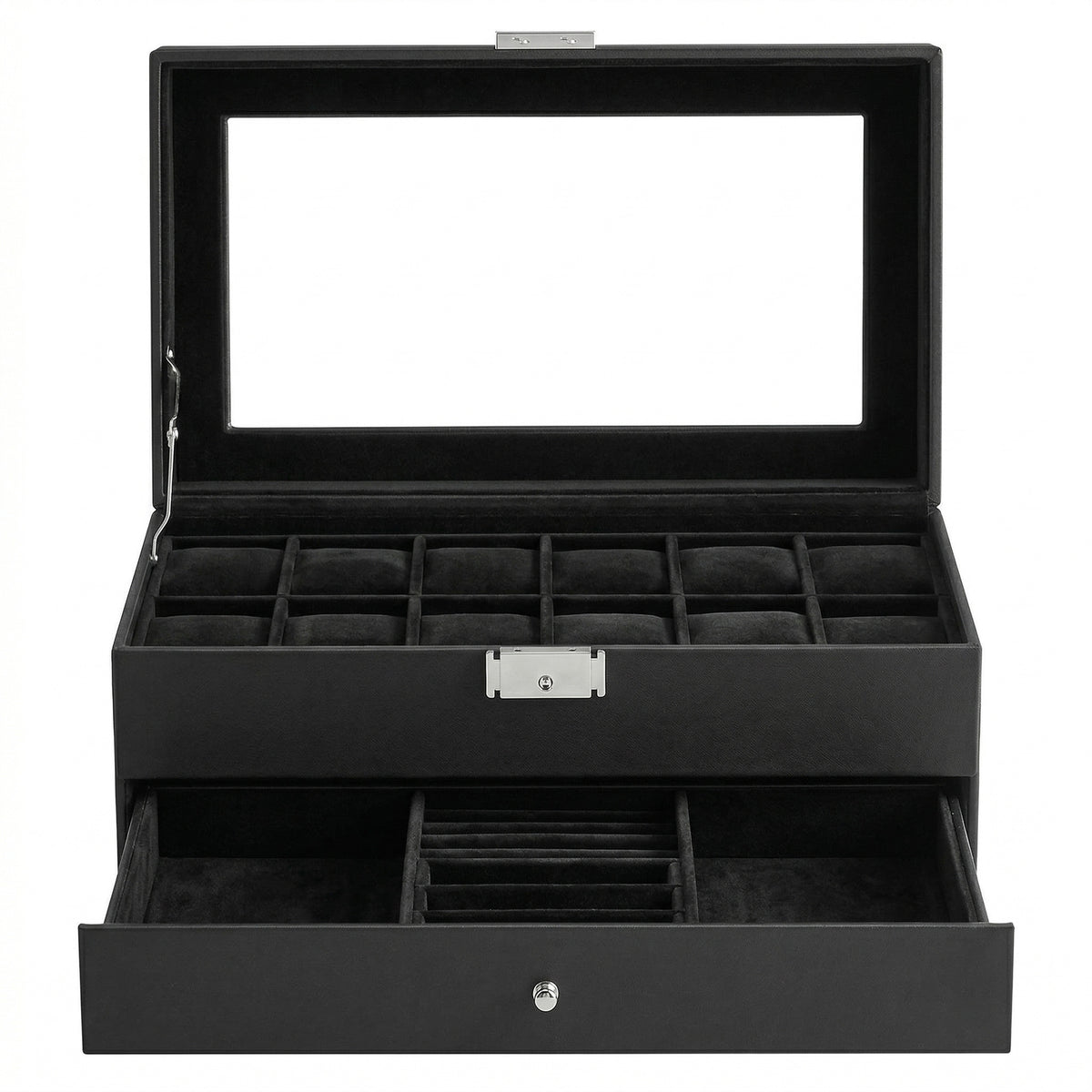 LEDREM Watch Box Organizer for Men 12-Slot Glass Top Display Case with Jewelry Drawer 12.8 x 7.4 x 5.2 inches Black