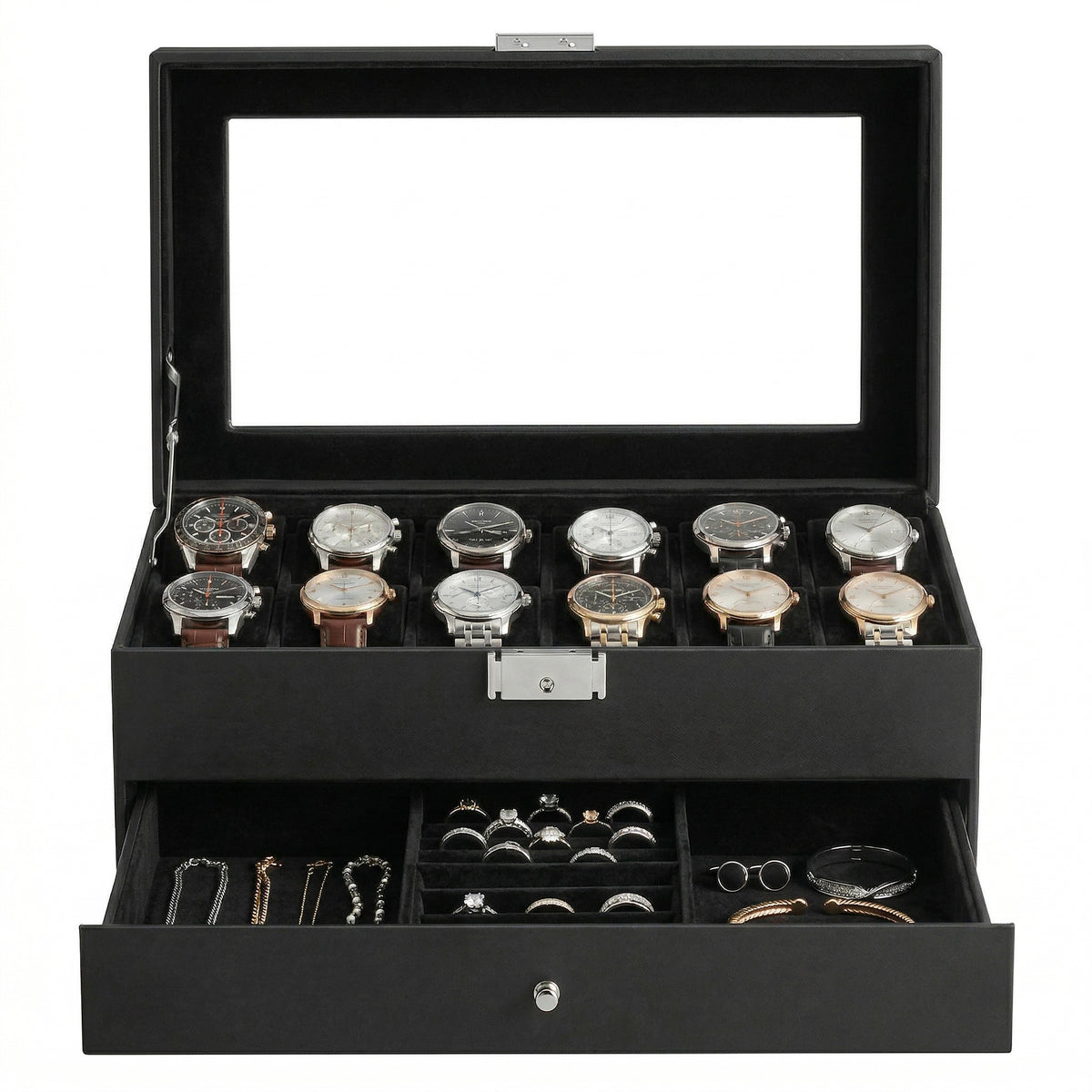 LEDREM Watch Box Organizer for Men 12-Slot Glass Top Display Case with Jewelry Drawer 12.8 x 7.4 x 5.2 inches Black