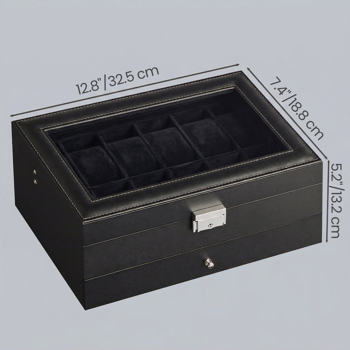 LEDREM Watch Box Organizer for Men 12-Slot Glass Top Display Case with Jewelry Drawer 12.8 x 7.4 x 5.2 inches Black
