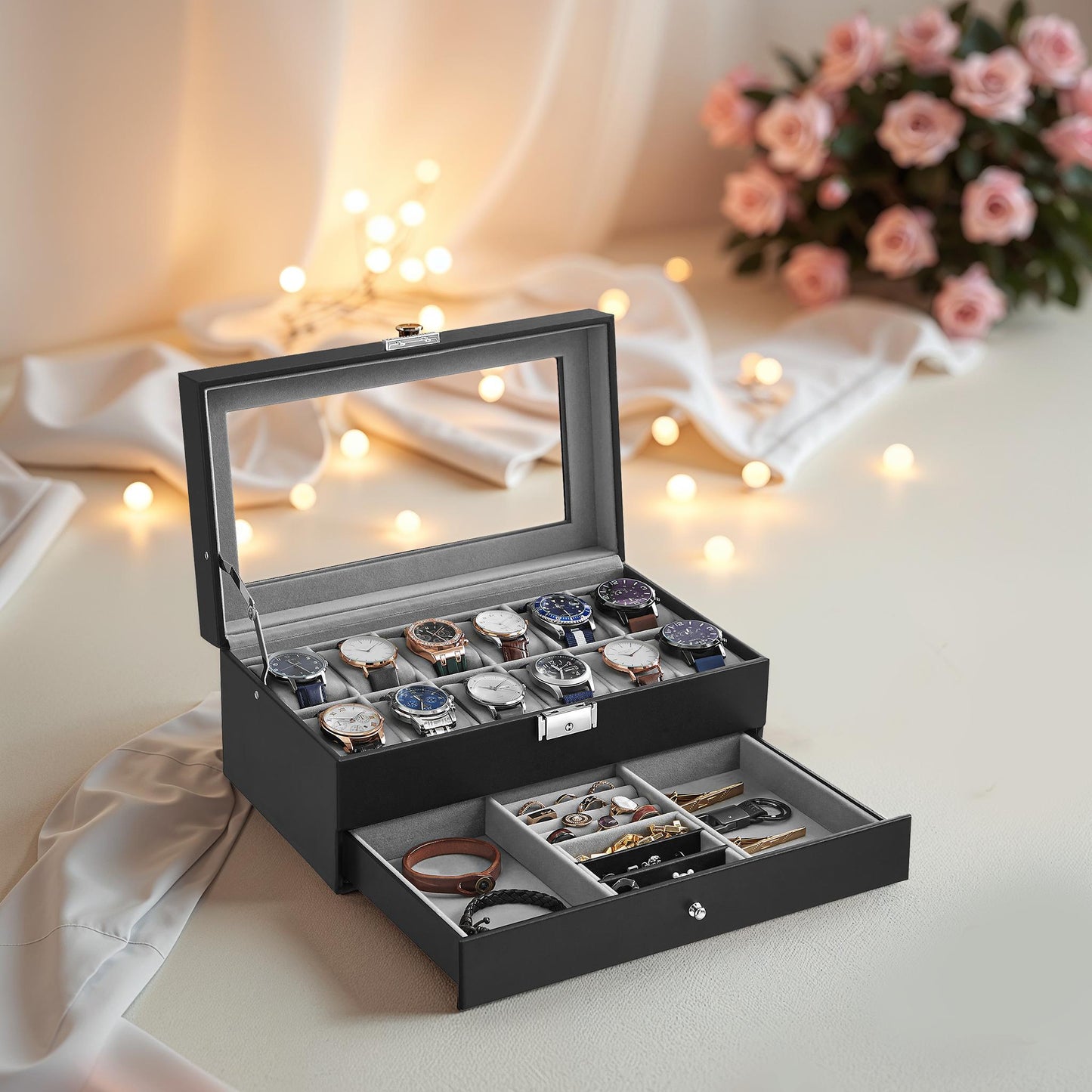 12-Slot Watch Box Organizer, 2-Layer Display Case with Glass Lid & Lock, Removable Pillows, for Watch Collection Storage, Gray