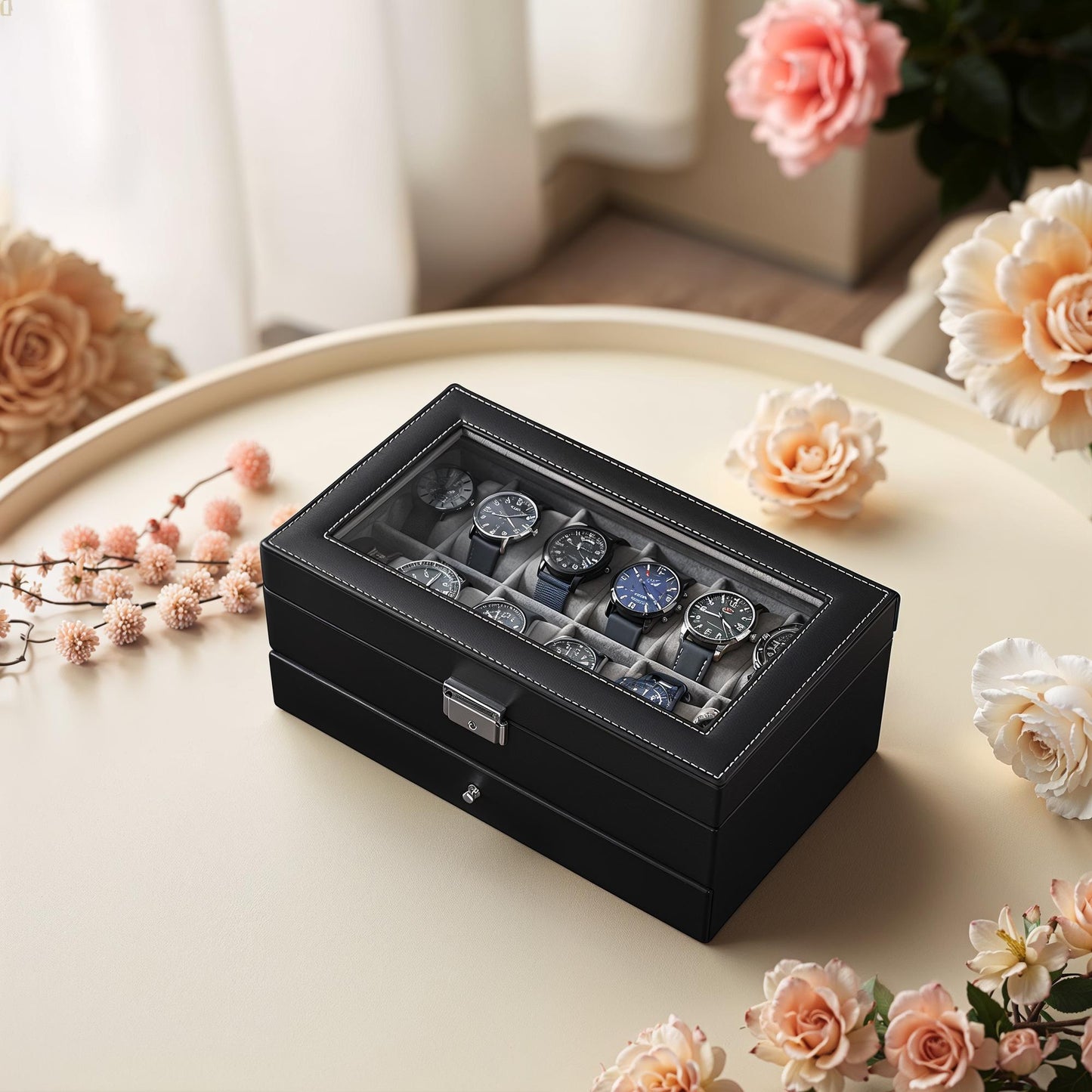 12-Slot Watch Box Organizer, 2-Layer Display Case with Glass Lid & Lock, Removable Pillows, for Watch Collection Storage, Gray