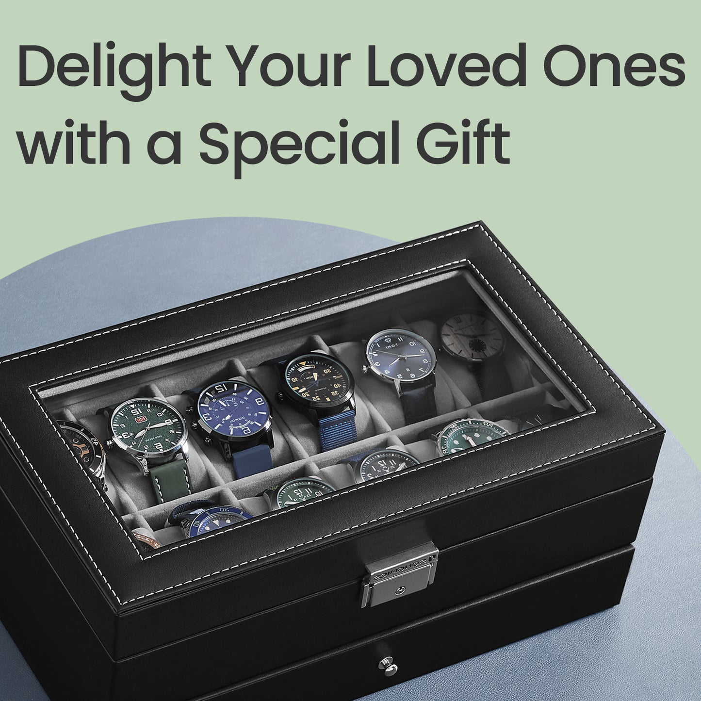 12-Slot Watch Box Organizer, 2-Layer Display Case with Glass Lid & Lock, Removable Pillows, for Watch Collection Storage, Gray