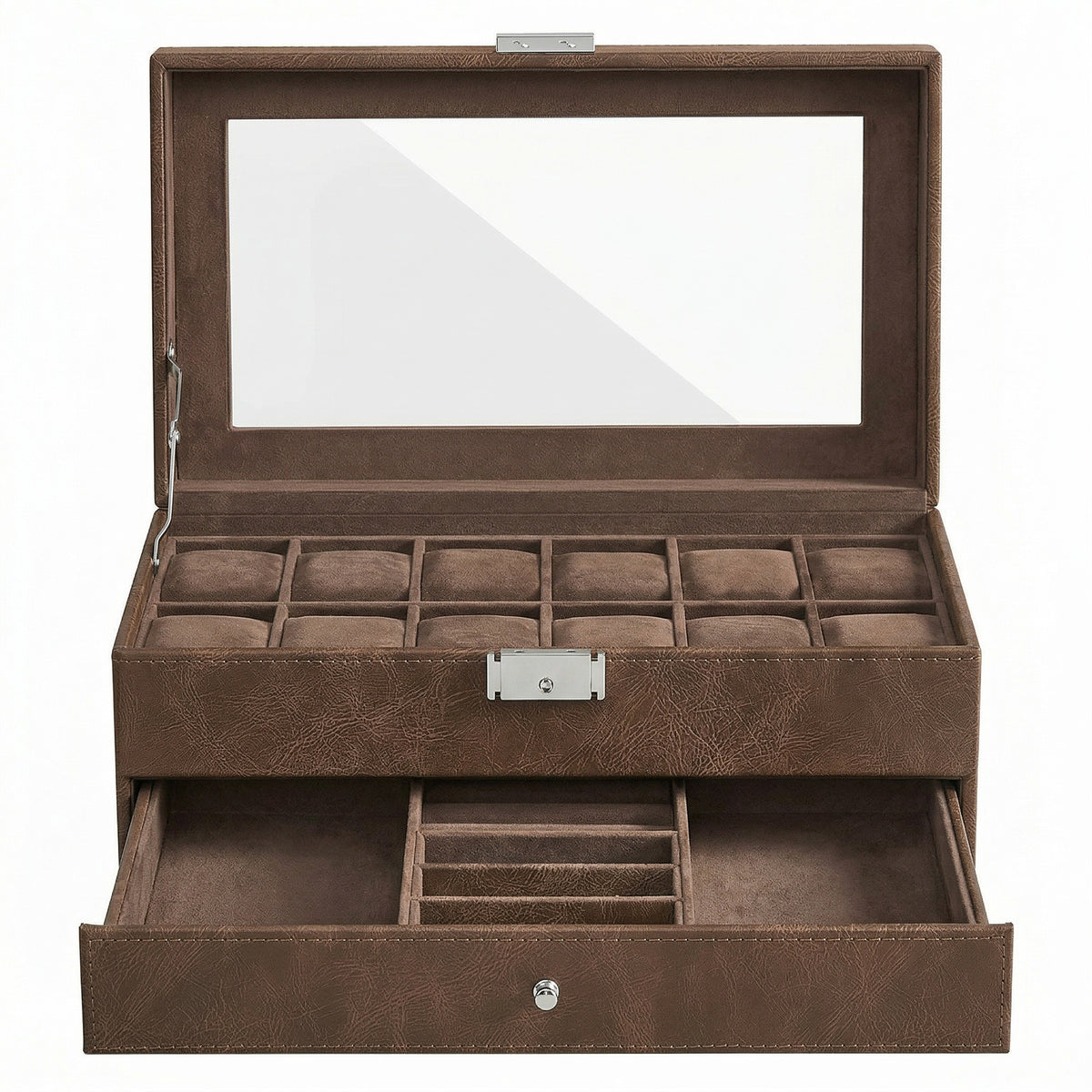 LEDREM Watch Box Organizer for Men 12-Slot Glass Top Display Case with Jewelry Drawer 12.8 x 7.4 x 5.2 inches Tan