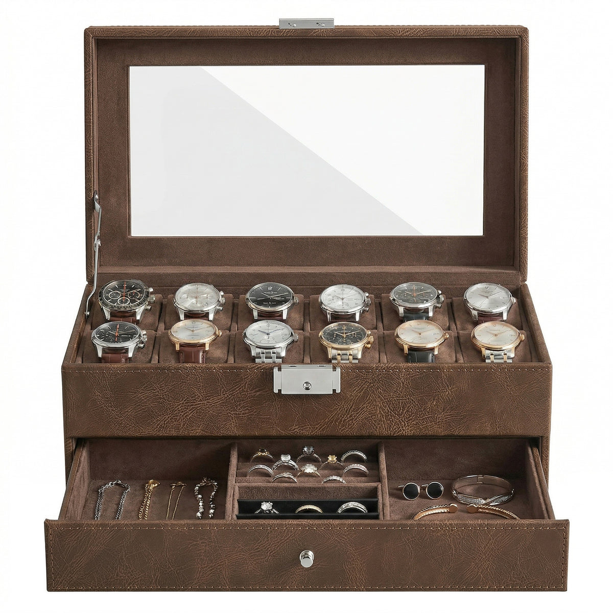 LEDREM Watch Box Organizer for Men 12-Slot Glass Top Display Case with Jewelry Drawer 12.8 x 7.4 x 5.2 inches Tan