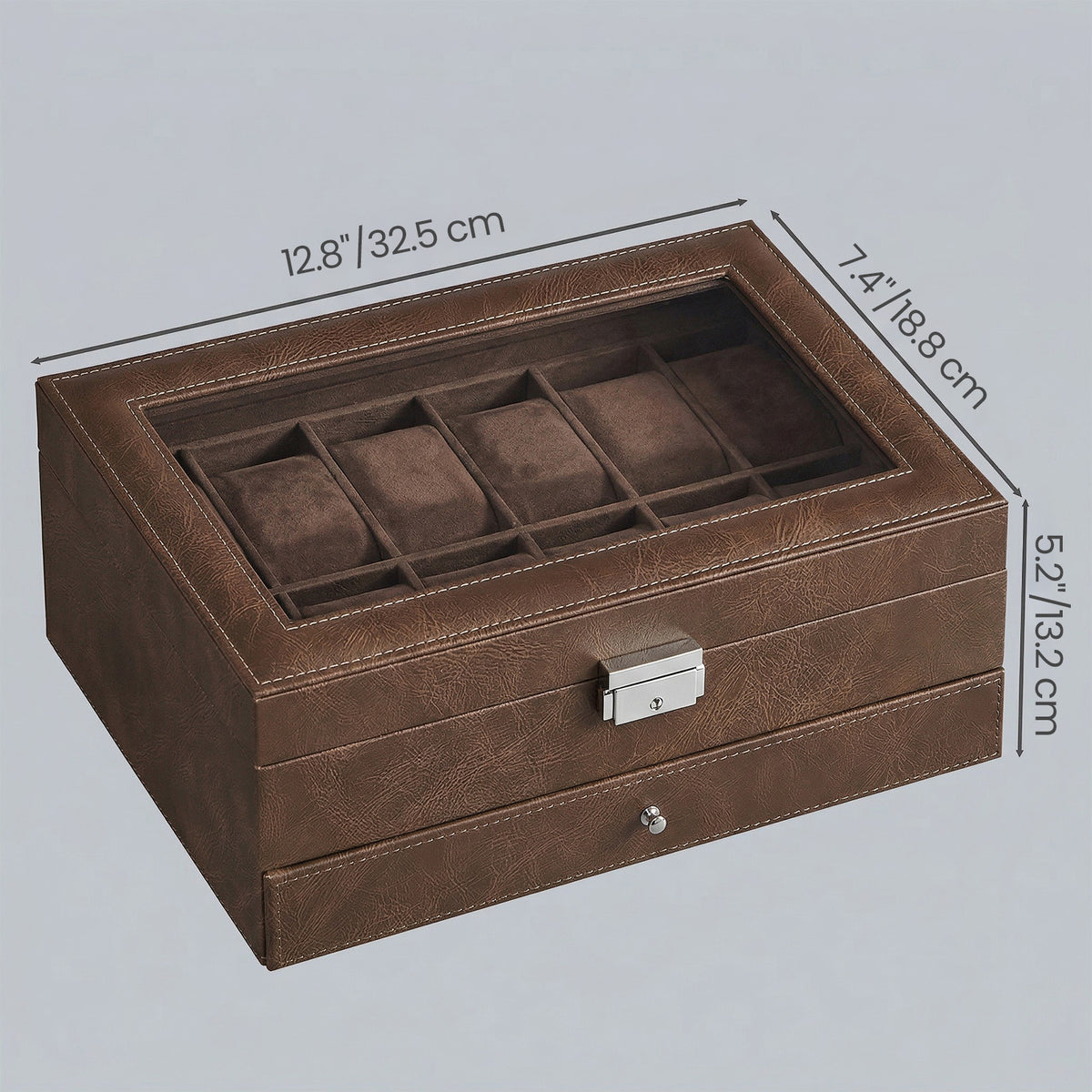 LEDREM Watch Box Organizer for Men 12-Slot Glass Top Display Case with Jewelry Drawer 12.8 x 7.4 x 5.2 inches Tan