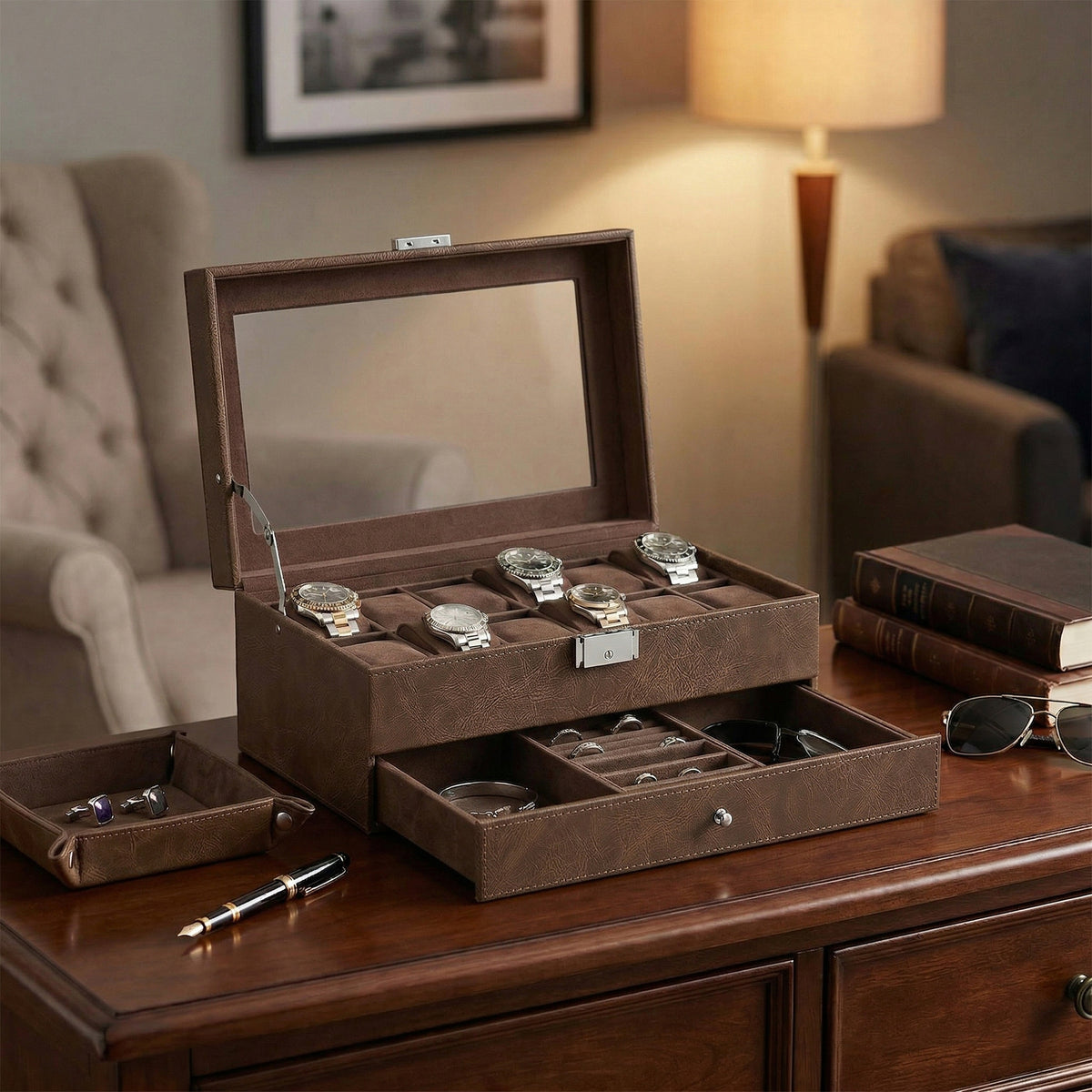 LEDREM Watch Box Organizer for Men 12-Slot Glass Top Display Case with Jewelry Drawer 12.8 x 7.4 x 5.2 inches Tan