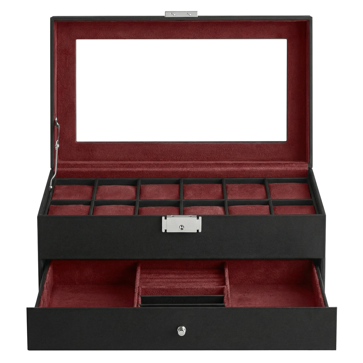 LEDREM Luxury Watch Organizer, 2-Tier 12-Slot Watch Box with Glass Lid, Lockable Display Case for Jewelry, Gift for Men, Black and Red