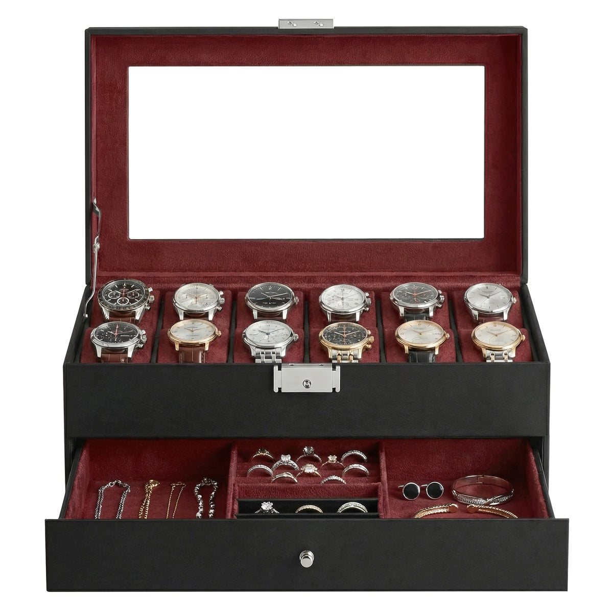 LEDREM Luxury Watch Organizer, 2-Tier 12-Slot Watch Box with Glass Lid, Lockable Display Case for Jewelry, Gift for Men, Black and Red
