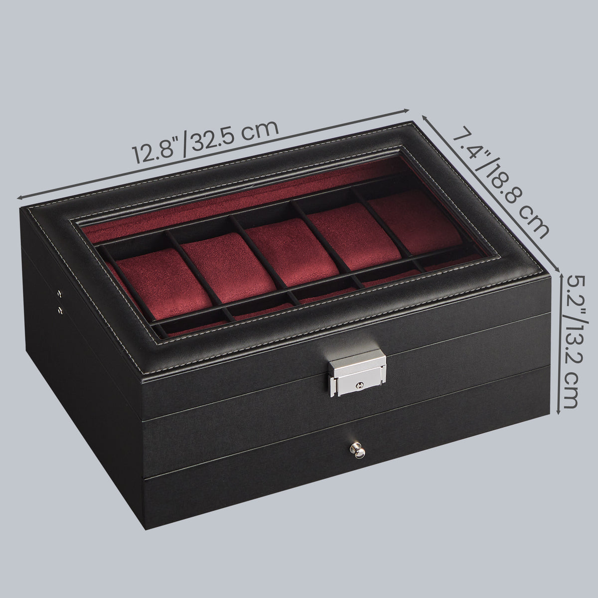 LEDREM Luxury Watch Organizer, 2-Tier 12-Slot Watch Box with Glass Lid, Lockable Display Case for Jewelry, Gift for Men, Black and Red