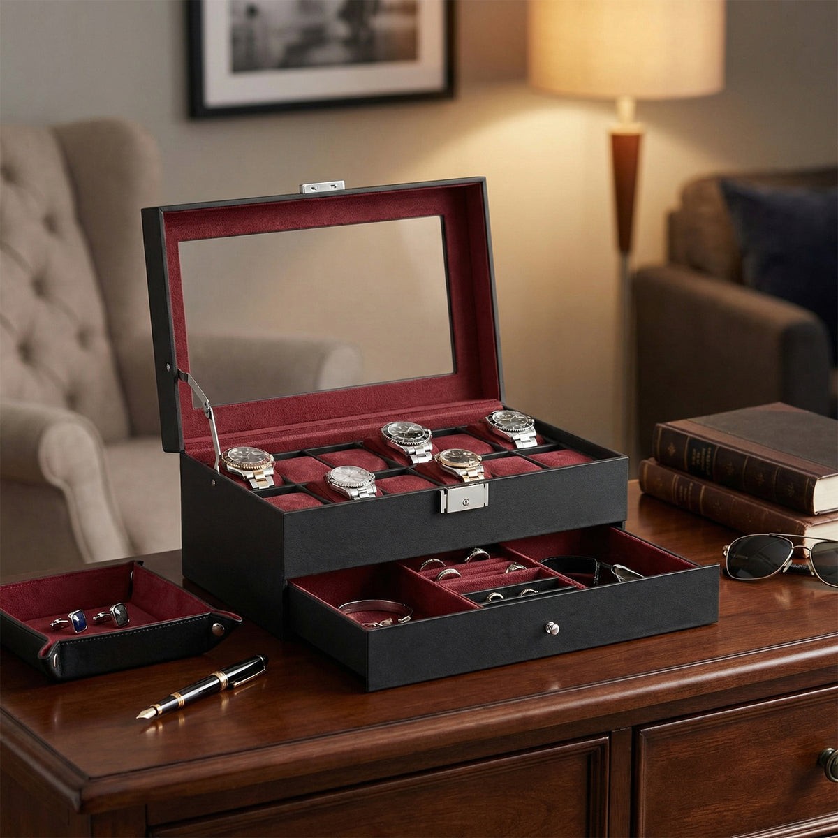 LEDREM Luxury Watch Organizer, 2-Tier 12-Slot Watch Box with Glass Lid, Lockable Display Case for Jewelry, Gift for Men, Black and Red