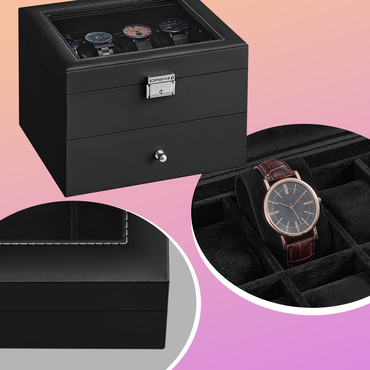 16-Slot Lockable Watch Box, 2-Tier Display Case with Glass Top & Removable Pillows, Synthetic Leather Watch Organizer, Black