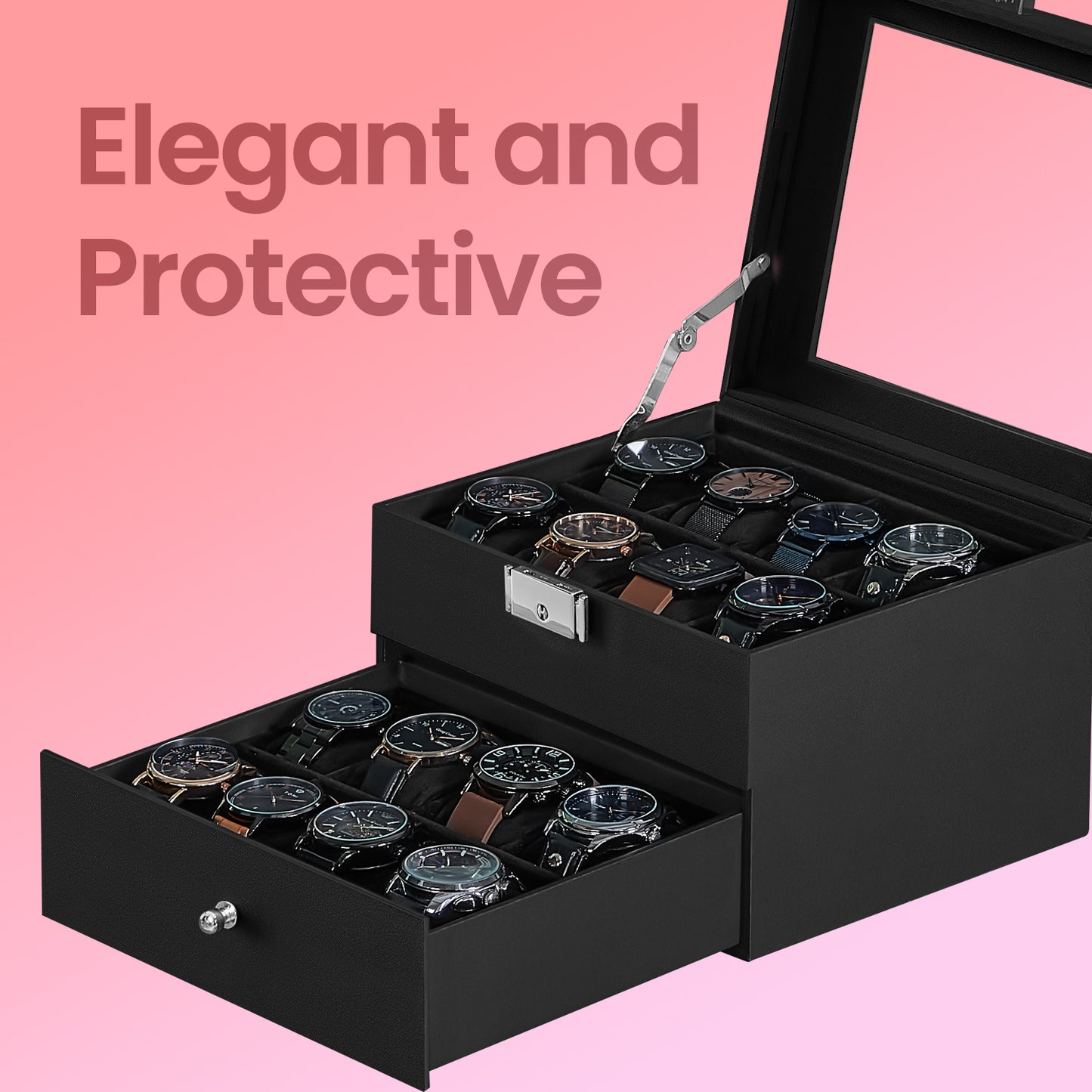 16-Slot Lockable Watch Box, 2-Tier Display Case with Glass Top & Removable Pillows, Synthetic Leather Watch Organizer, Black