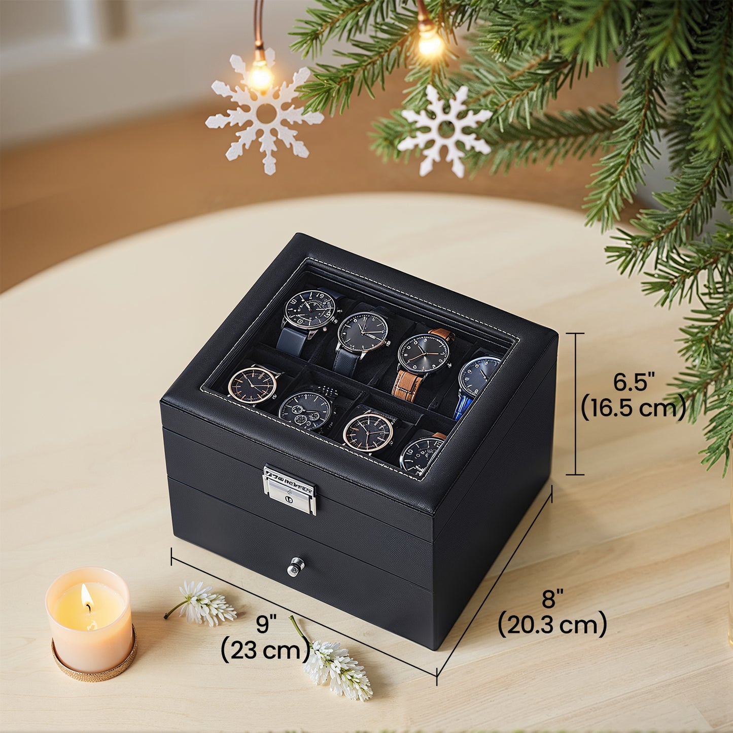 16-Slot Lockable Watch Box, 2-Tier Display Case with Glass Top & Removable Pillows, Synthetic Leather Watch Organizer, Black