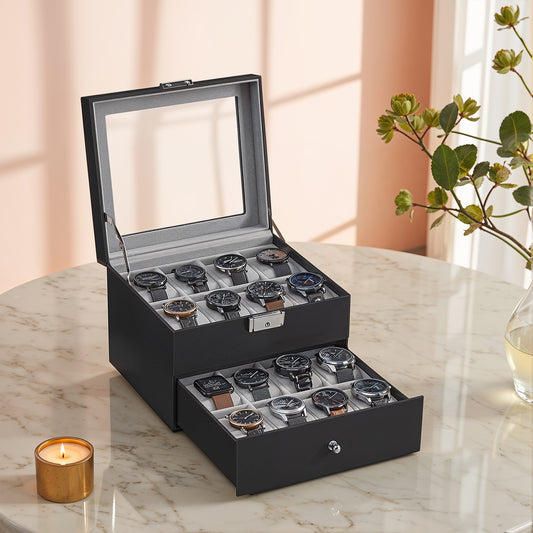 16-Slot Luxury Watch Box with Glass Top, 2-Tier Lockable Display Case, Black Synthetic Leather Watch Organizer,  Greenish Gray Lining