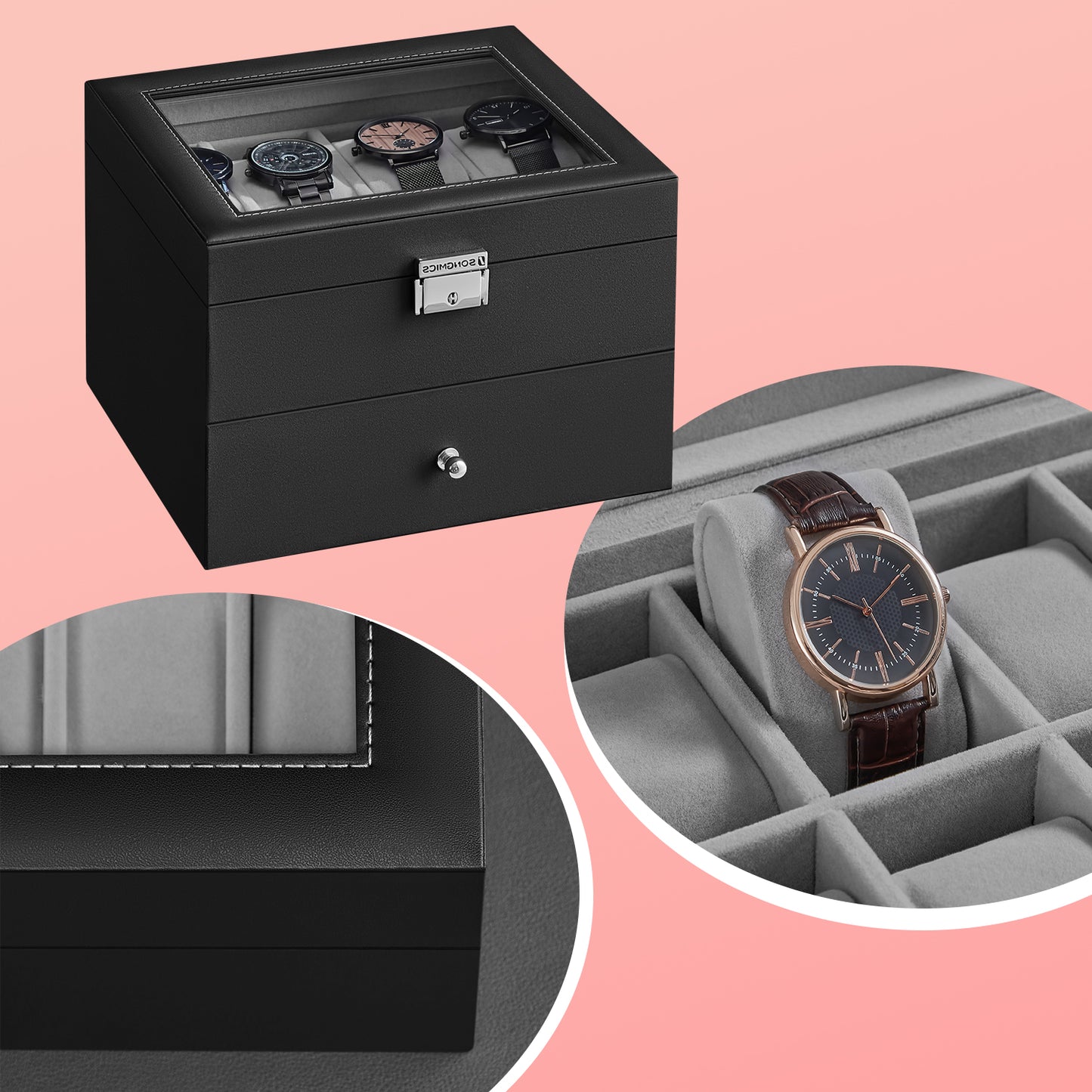 16-Slot Luxury Watch Box with Glass Top, 2-Tier Lockable Display Case, Black Synthetic Leather Watch Organizer,  Greenish Gray Lining