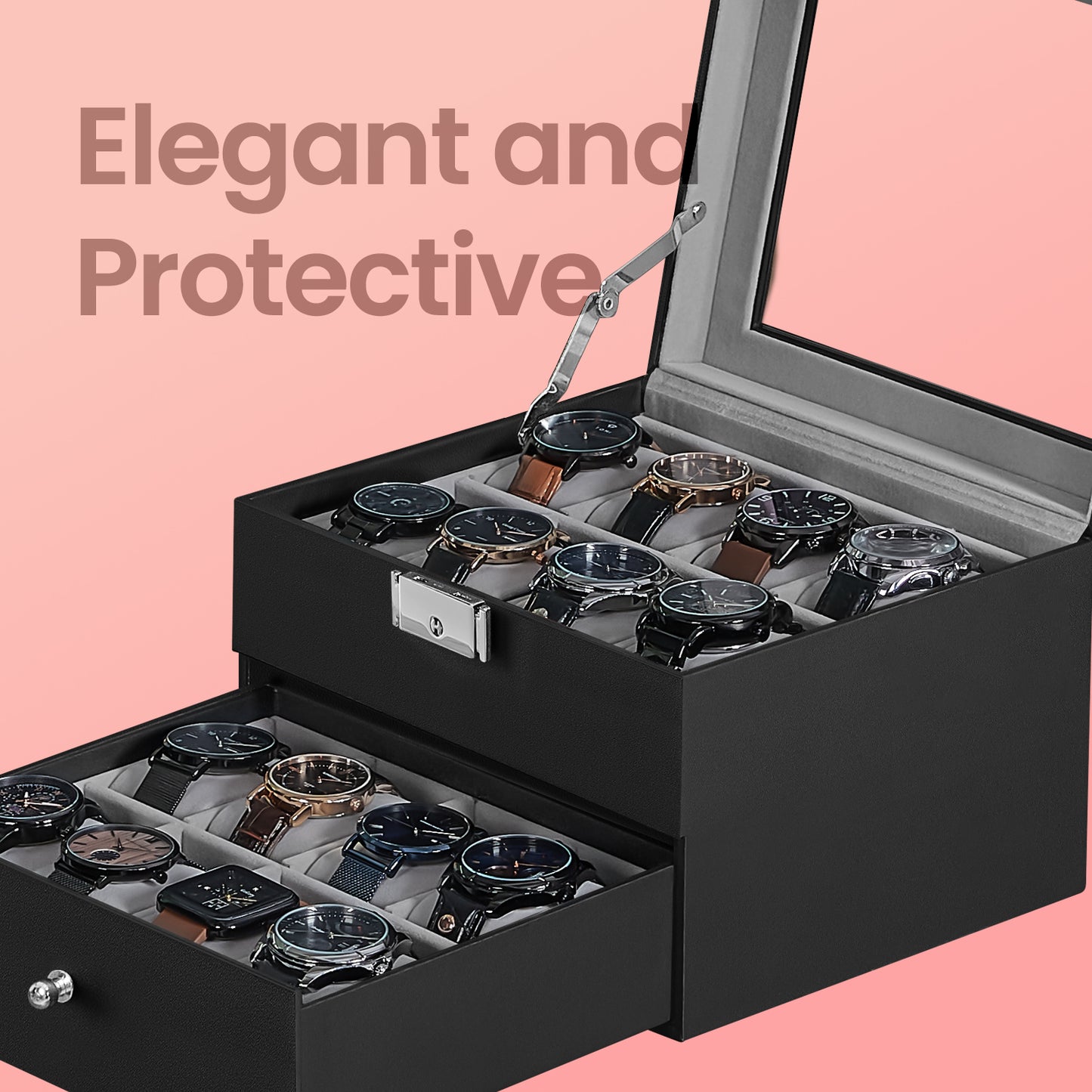 16-Slot Luxury Watch Box with Glass Top, 2-Tier Lockable Display Case, Black Synthetic Leather Watch Organizer,  Greenish Gray Lining