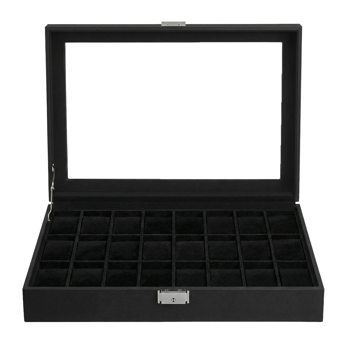 LEDREM Luxury Watch Organizer, 24-Slot Display Case with Lock, Glass Lid, for Men’s Jewelry Storage, Black and Gray