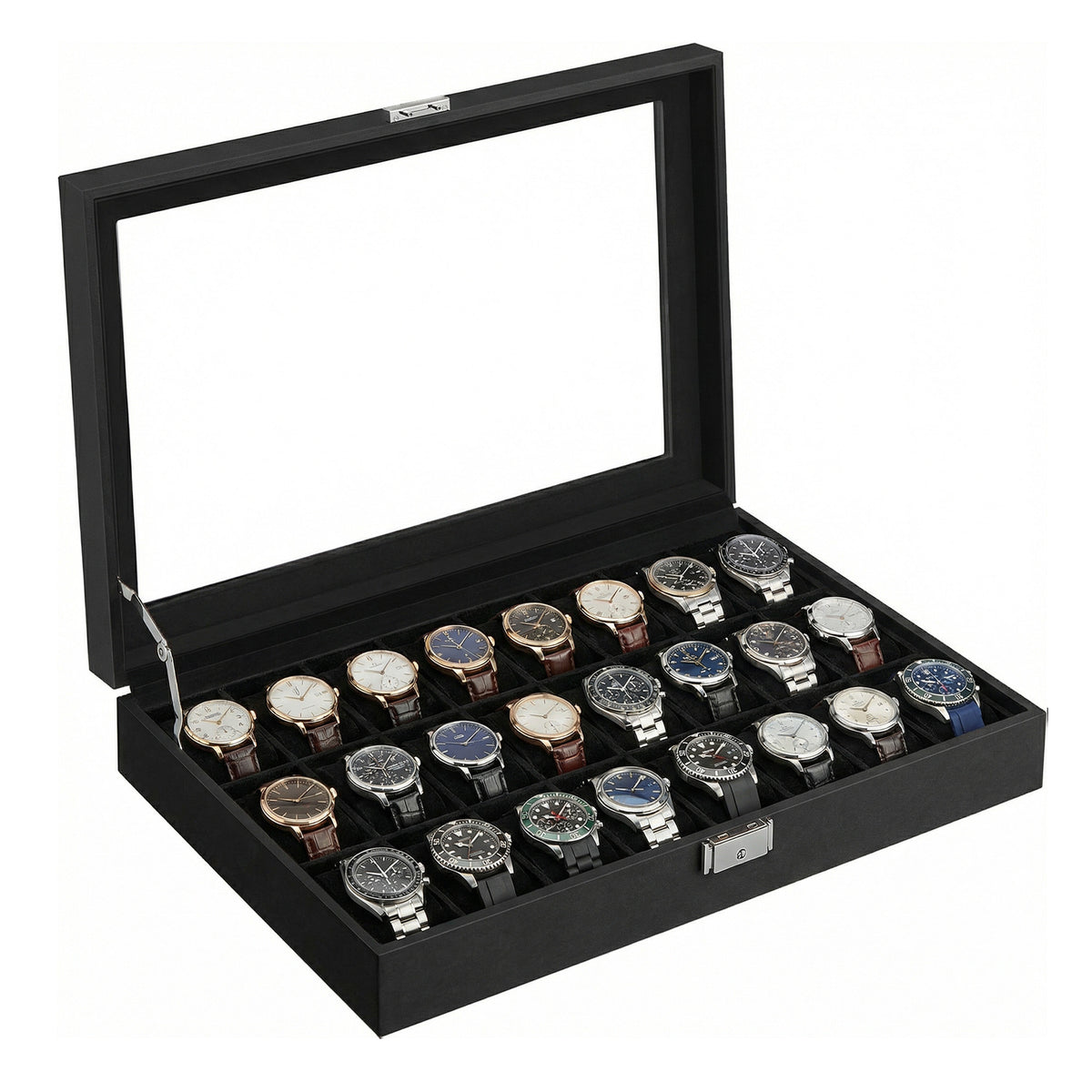 LEDREM Luxury Watch Organizer, 24-Slot Display Case with Lock, Glass Lid, for Men’s Jewelry Storage, Black and Gray