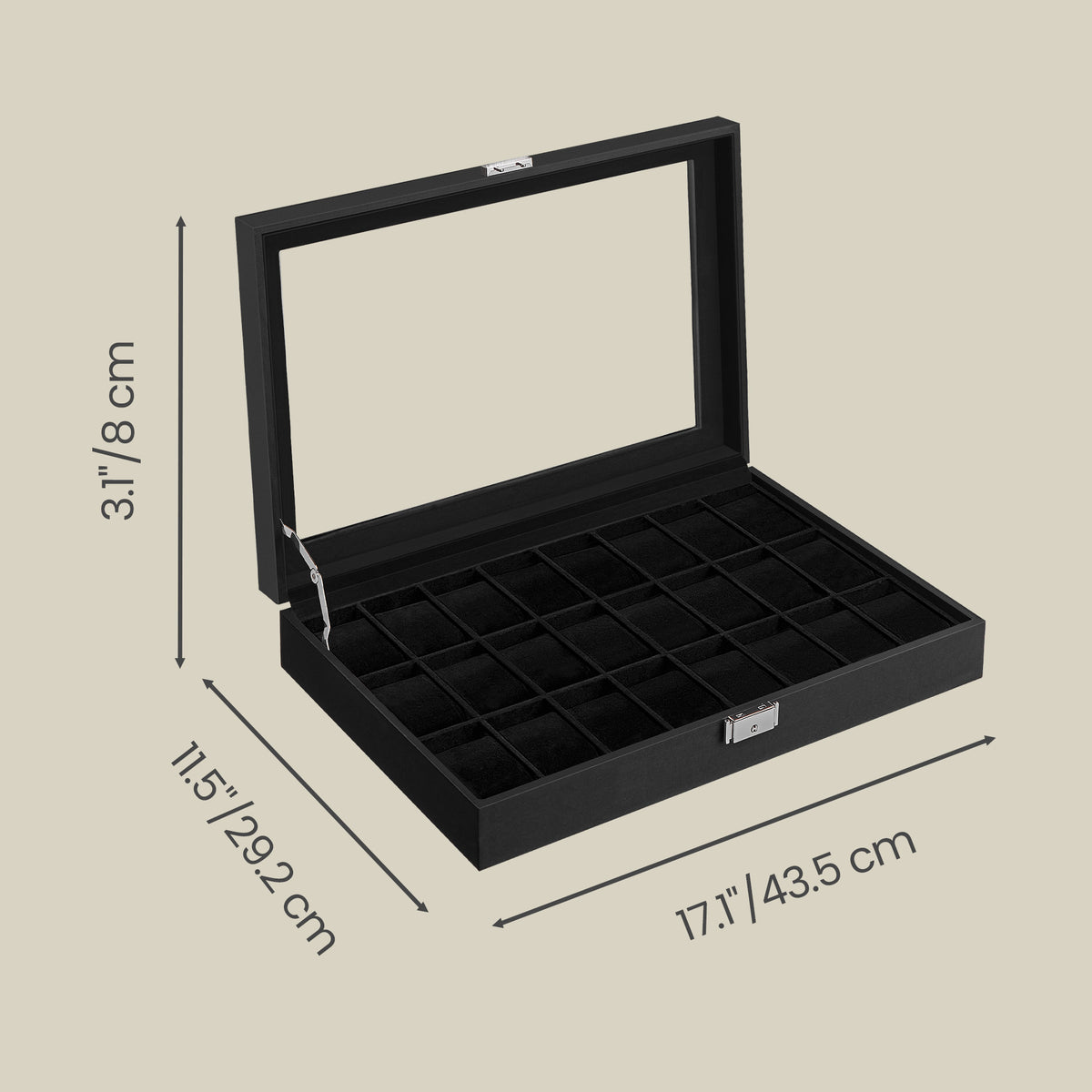 LEDREM Luxury Watch Organizer, 24-Slot Display Case with Lock, Glass Lid, for Men’s Jewelry Storage, Black and Gray
