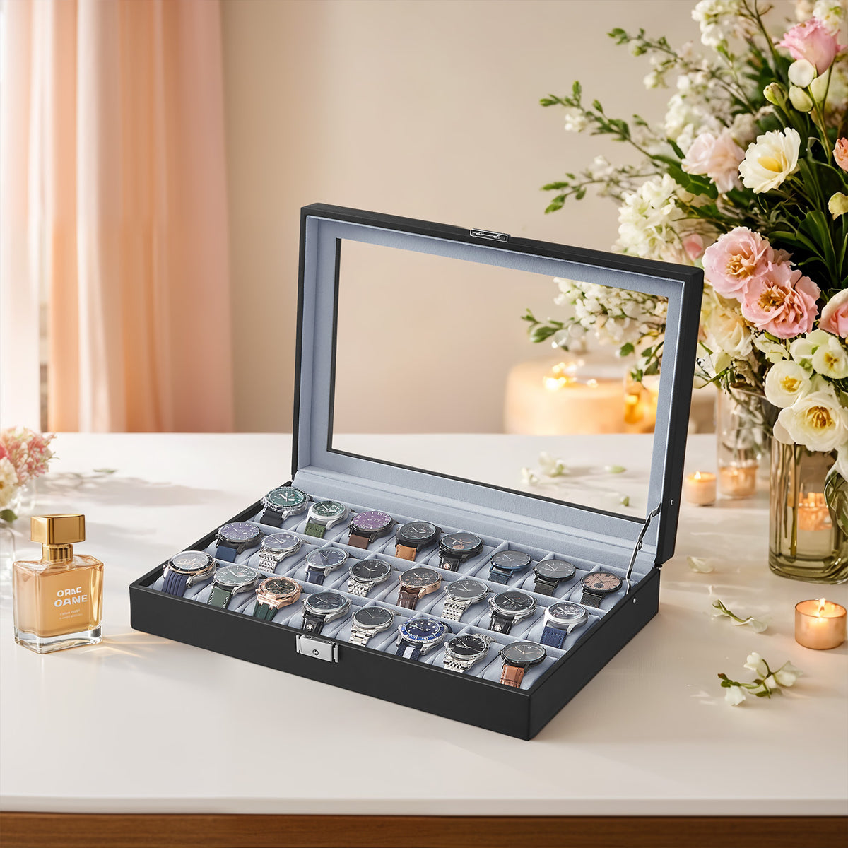 LEDREM Luxury Watch Organizer, 24-Slot Display Case with Lock, Glass Lid, for Men’s Jewelry Storage, Black and Gray