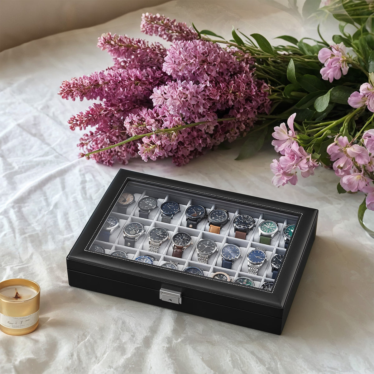 LEDREM Luxury Watch Organizer, 24-Slot Display Case with Lock, Glass Lid, for Men’s Jewelry Storage, Black and Gray